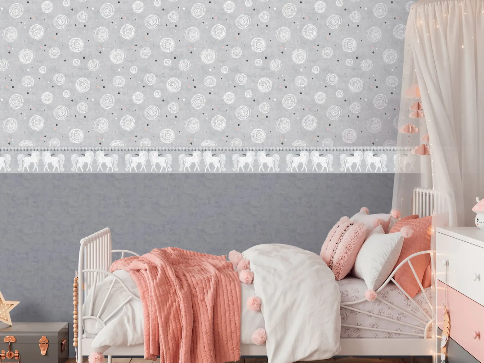 Bordüre Vlies Kinder Einhörner Floral Grau 77147-1