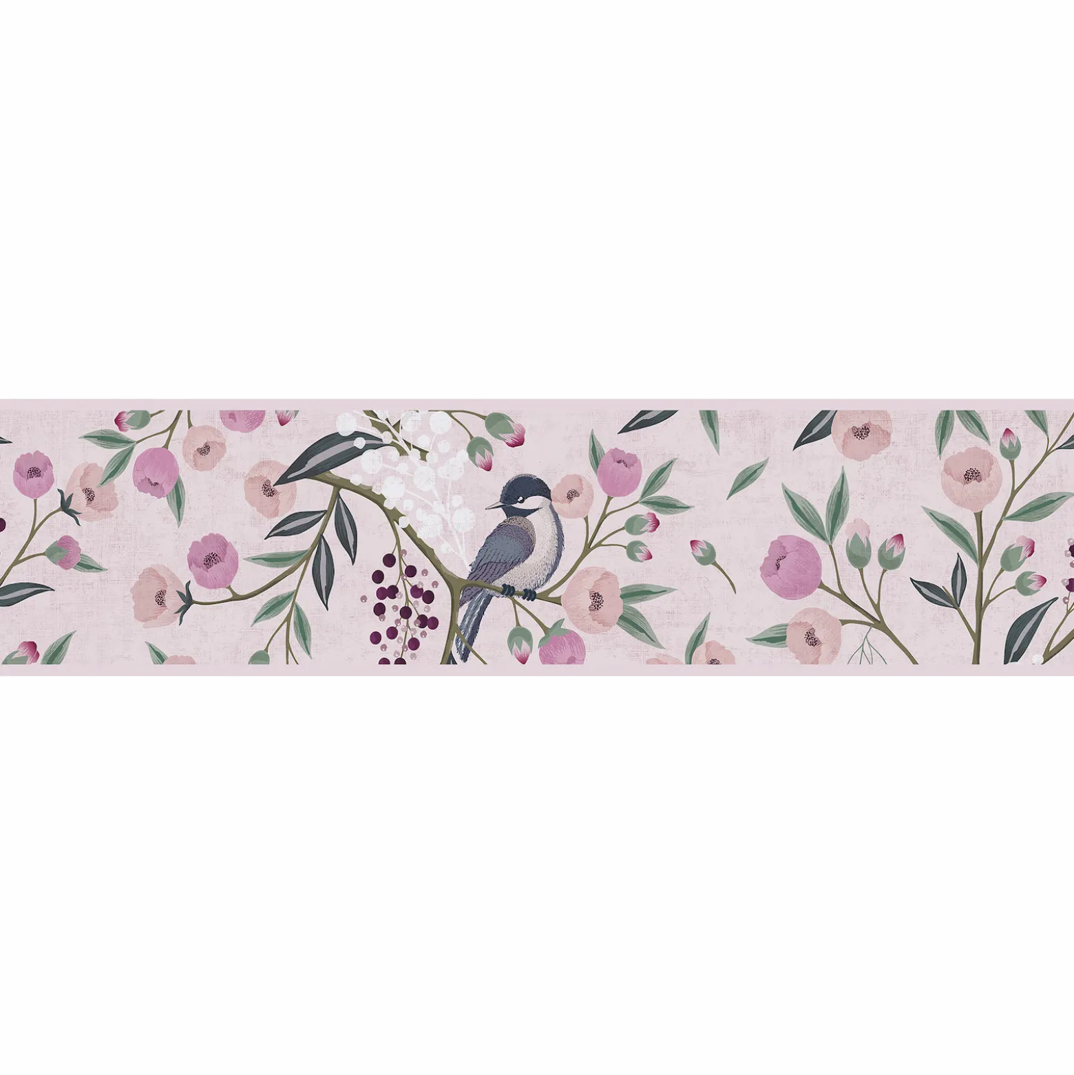 Bordüre Vlies Kinder Floral Vögel Zweige Rosa Grau 77137-1