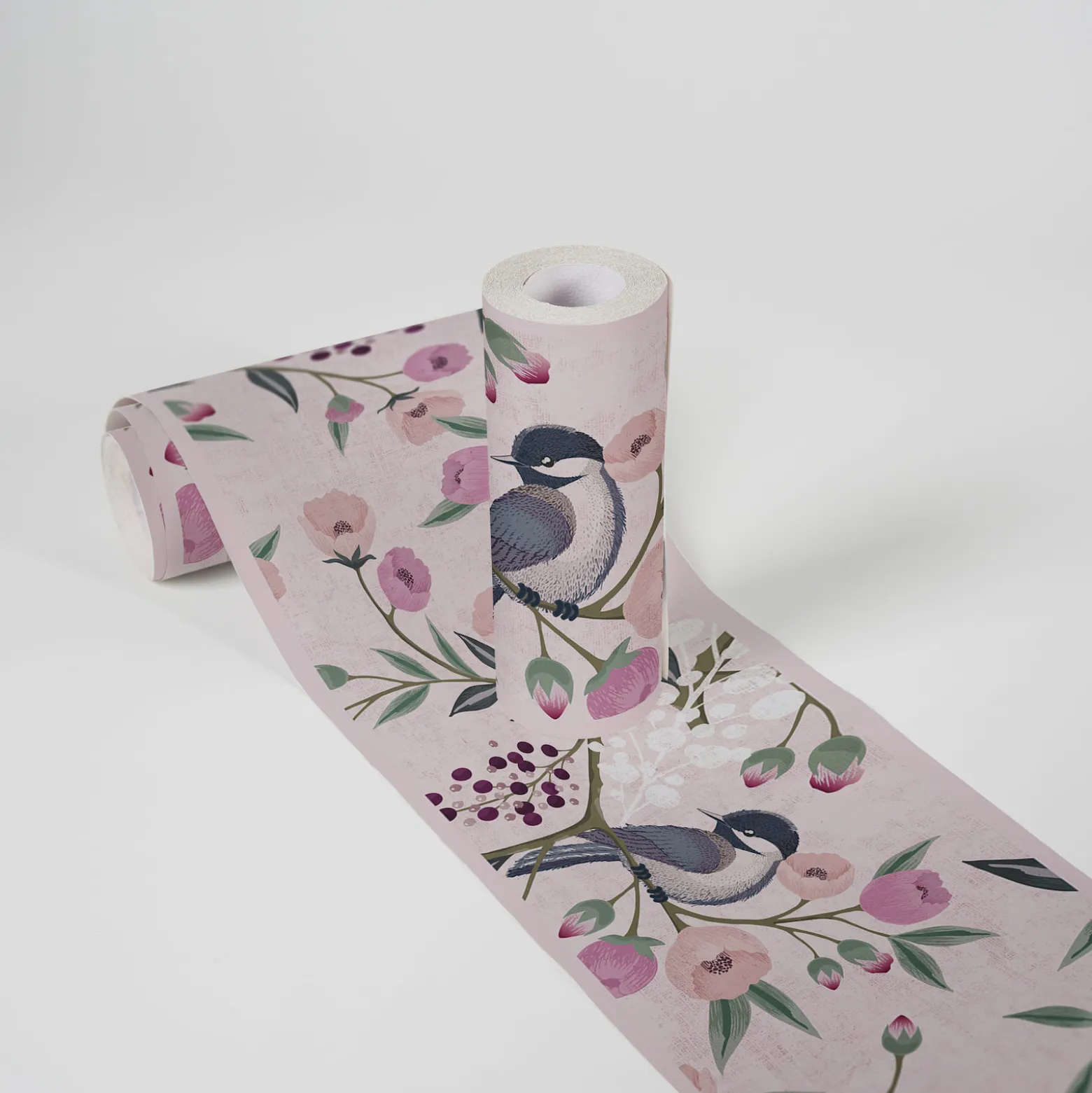 Bordüre Vlies Kinder Floral Vögel Zweige Rosa Grau 77137-1
