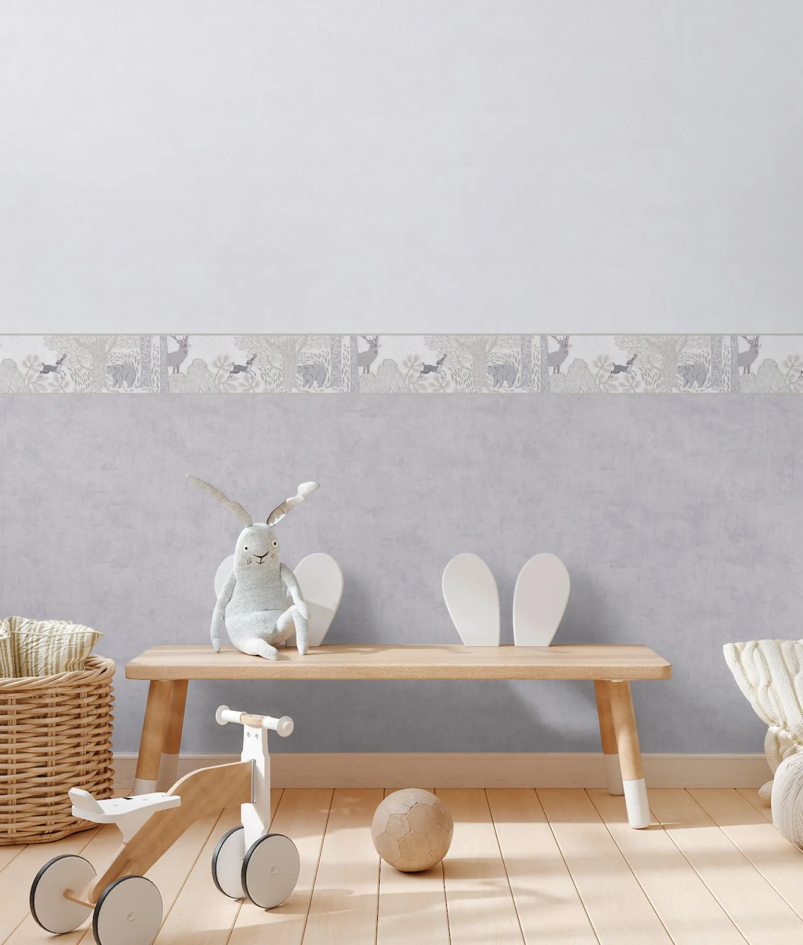 Bordüre Vlies Kinder Wald Tiere Pflanzen Creme Grau 77175-2