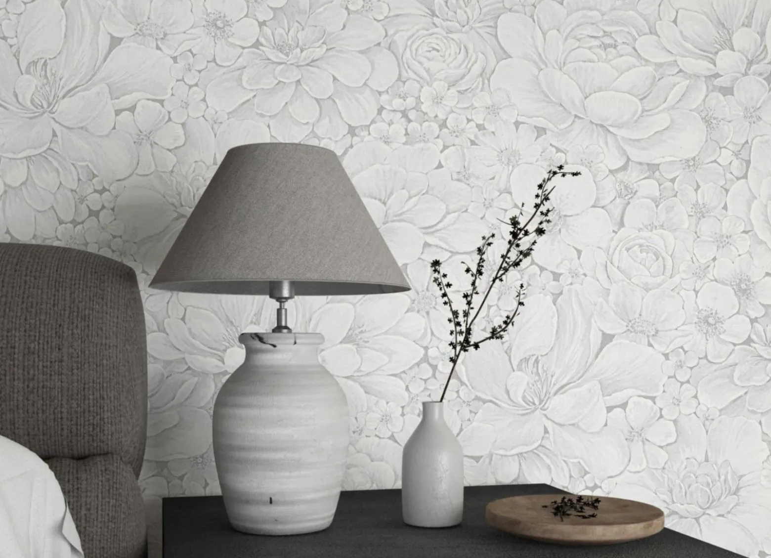 Botanica Vliestapete Blumen Weiß Grau 33952