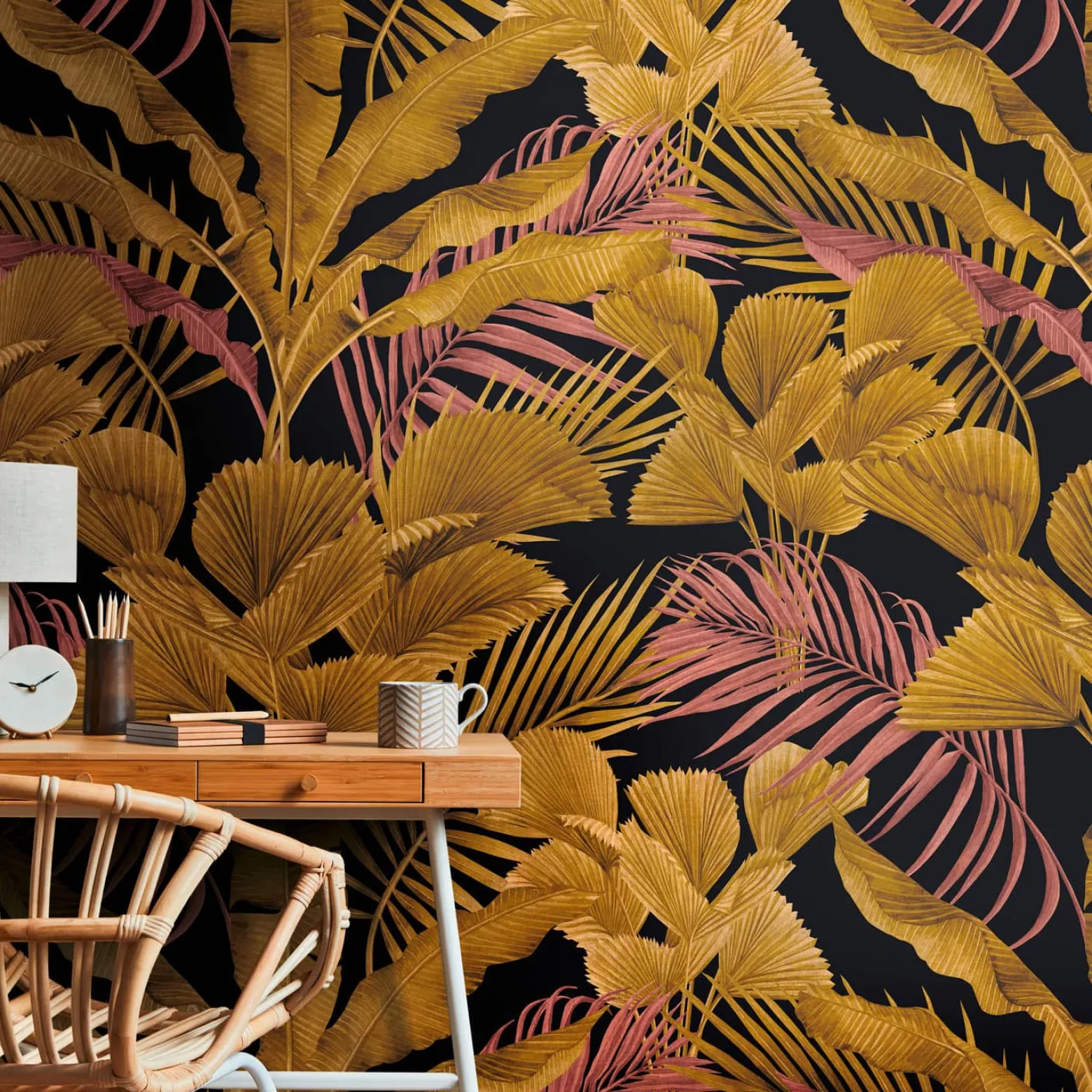 Digitaldruck Blätter Tropen Floral Schwarz Gold 39185-3