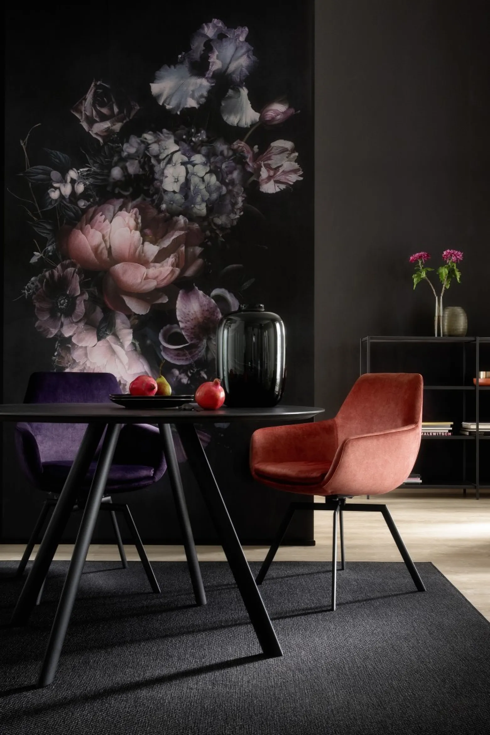 Digitaldruck Blumen Floral schwarz rosa blau 32755