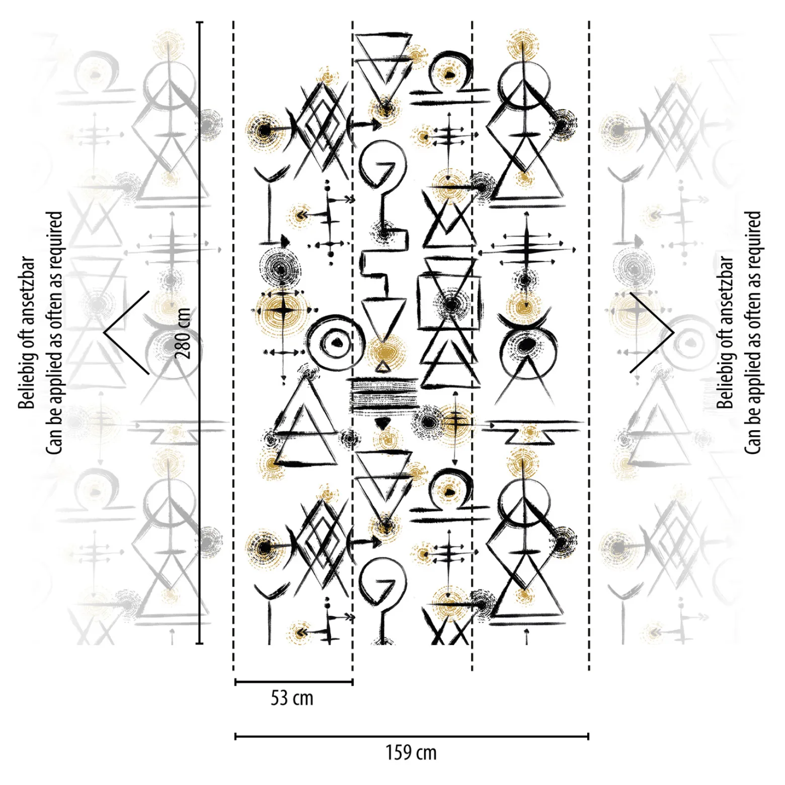 Digitaldruck Ethno Muster Symbole Weiß Schwarz 39198-1