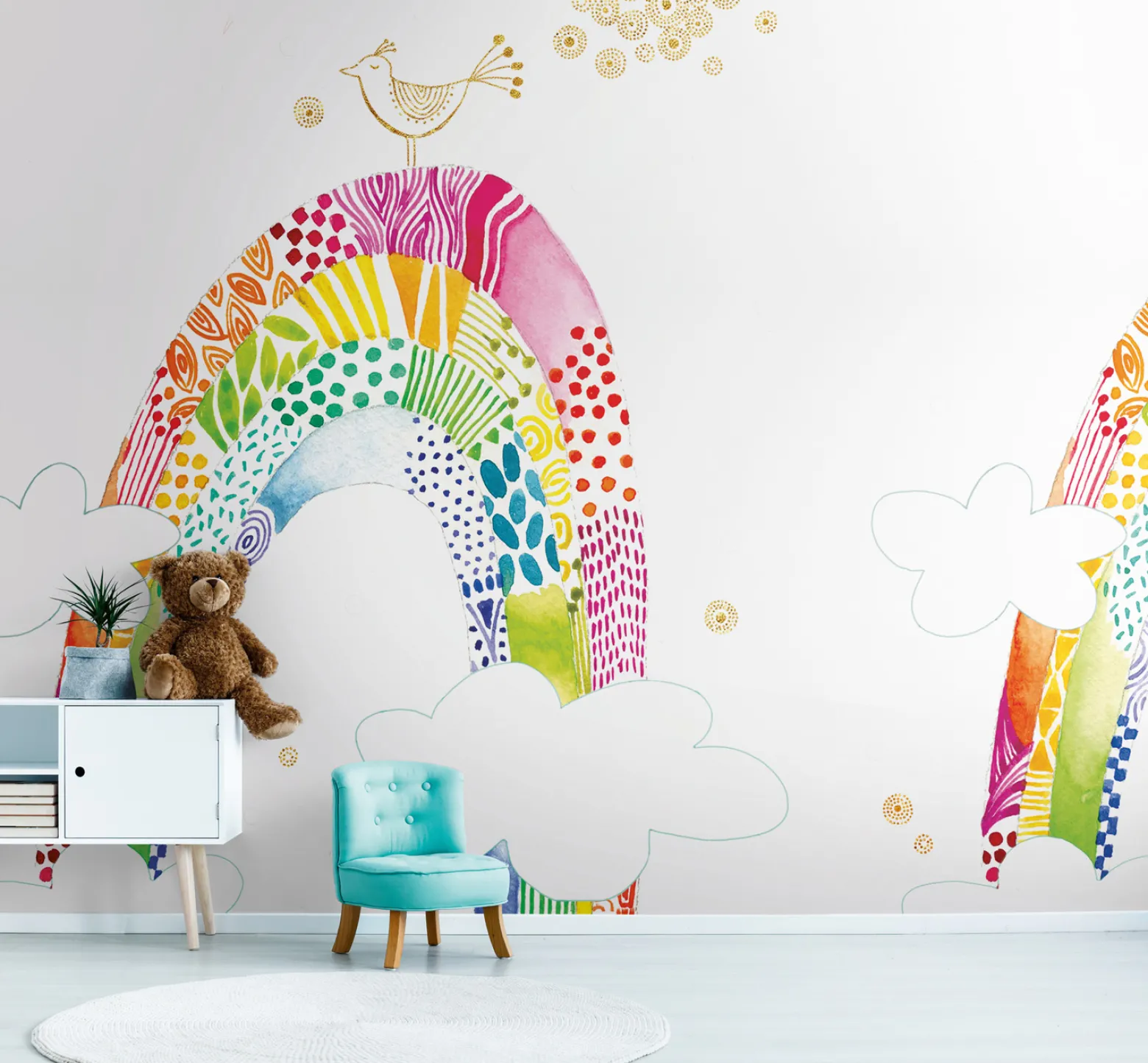 Digitaldruck Regenbogen Aquarell Weiß Bunt 39215-1