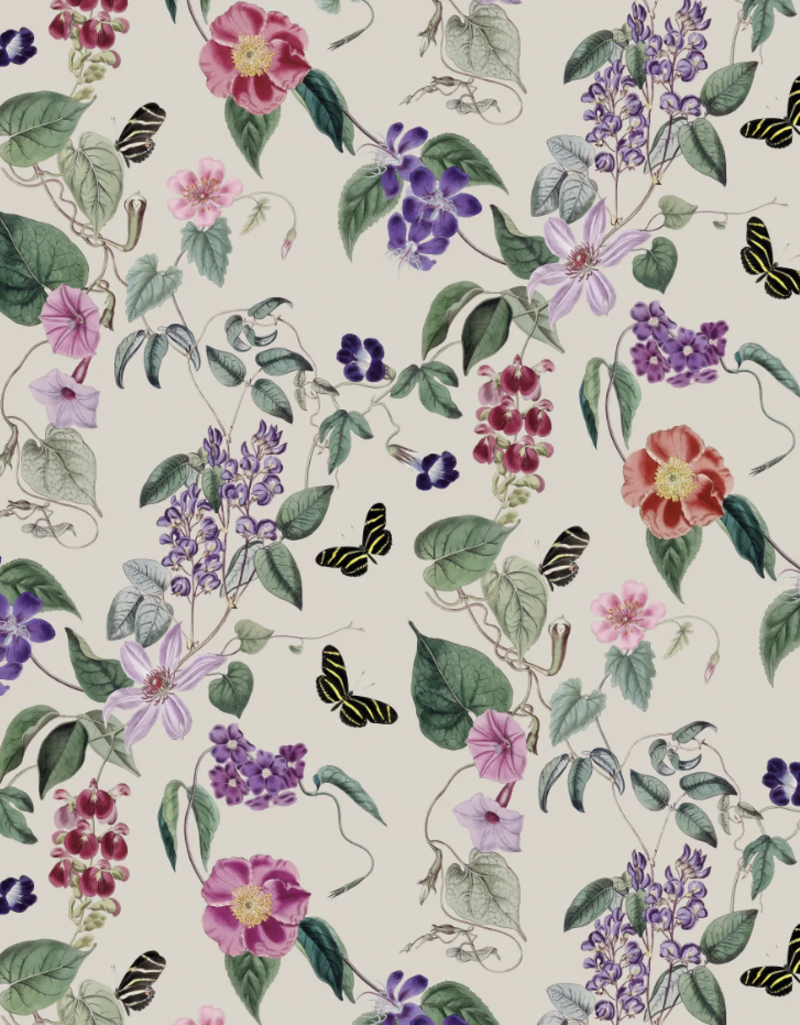 Digitaldruck Vlies Floral Blumen Beige Lila Rot 33111