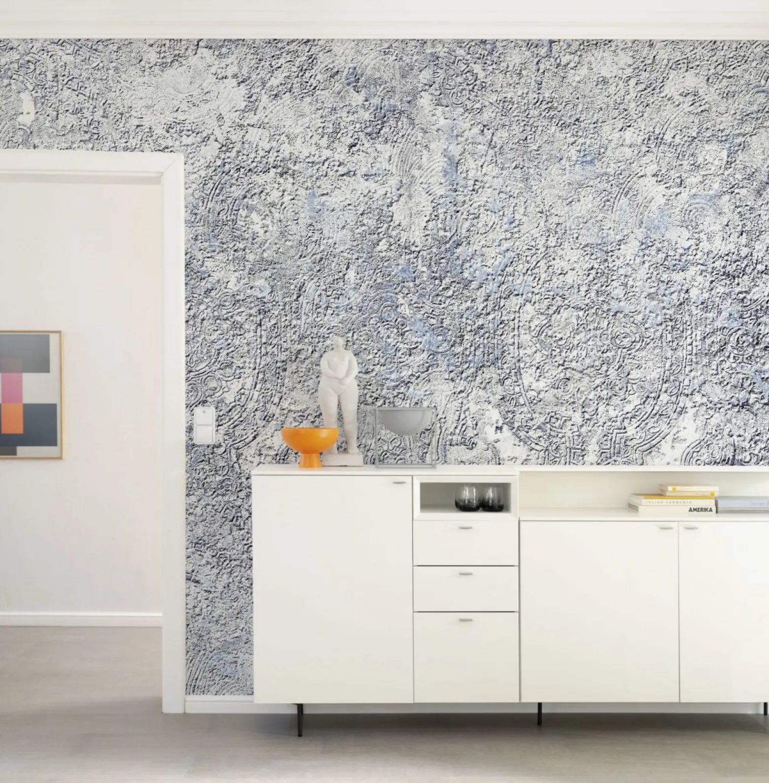 Digitaldruck Vlies Stein Optik Ornament Grau Blau 33108