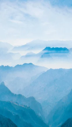 Fototapete Berge Nebel Blau Weiß Petrol ML1101
