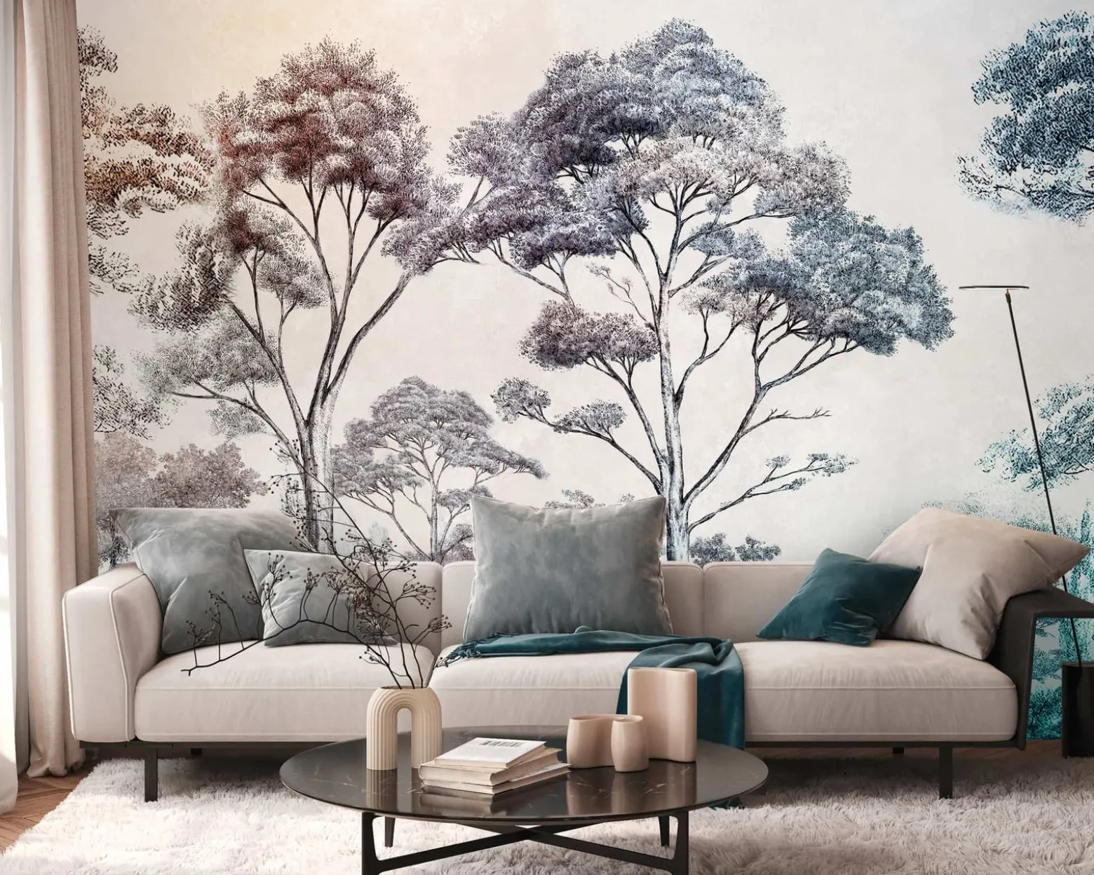 Fototapete Bäume Landschaft Creme Blau 39902-1