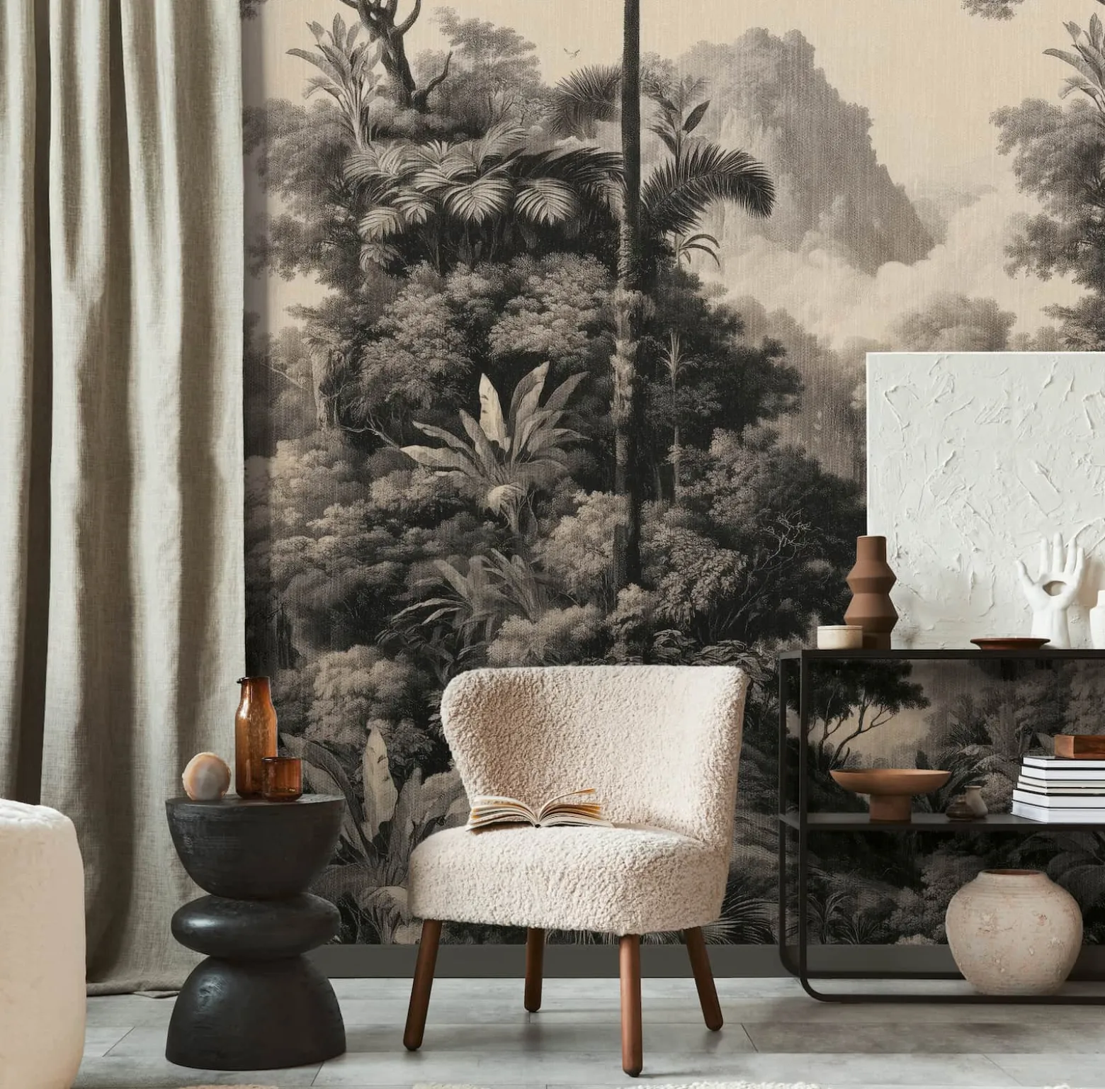 Fototapete Dschungel Tropisch Beige Creme Schwarz 79216-9
