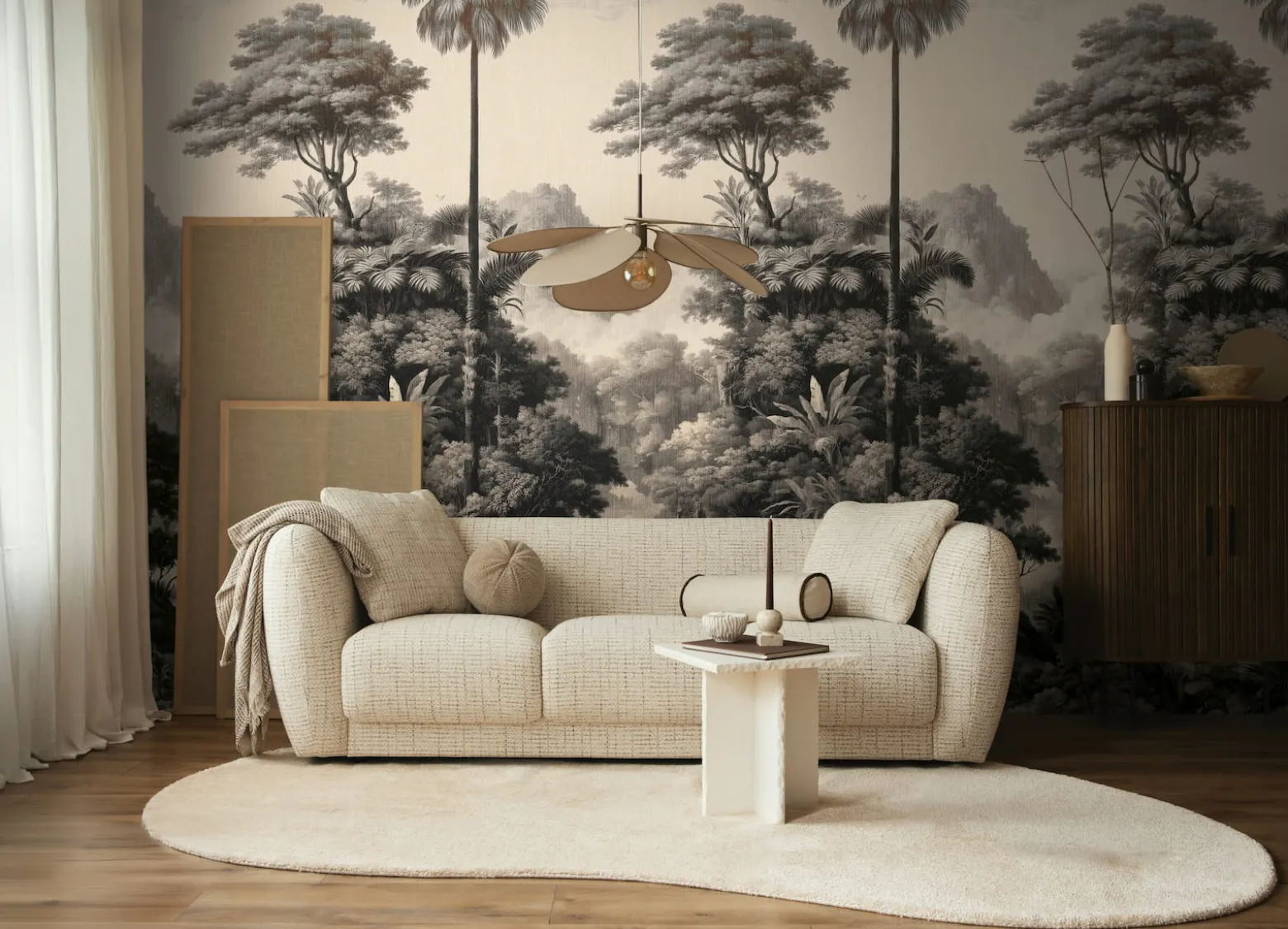 Fototapete Dschungel Tropisch Beige Creme Schwarz 79216-9