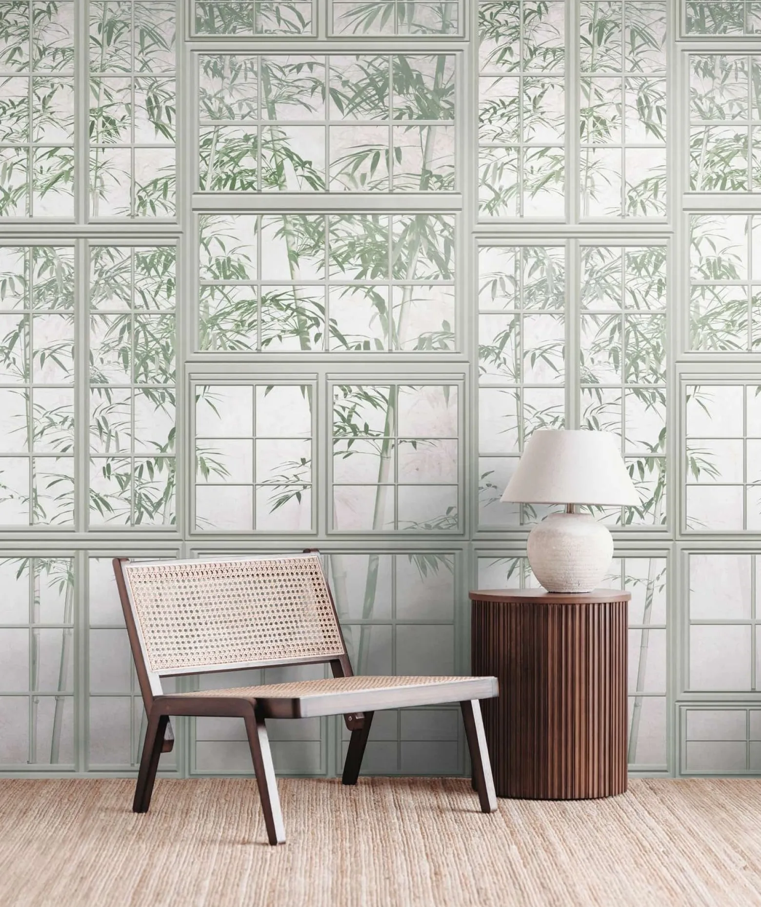 Fototapete Fenster Bambus Floral Creme Grün 39846-1