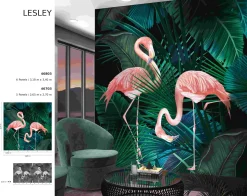 Fototapete Flamingos Blätter Floral grün rosa Marburg