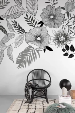 Fototapete Floral Blätter Weiß Schwarz ML6701