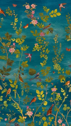 Fototapete Floral Vögel Blätter Blau Grün Rosa 79216-3