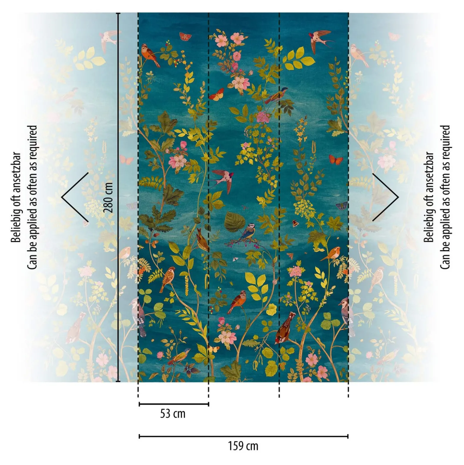 Fototapete Floral Vögel Blätter Blau Grün Rosa 79216-3