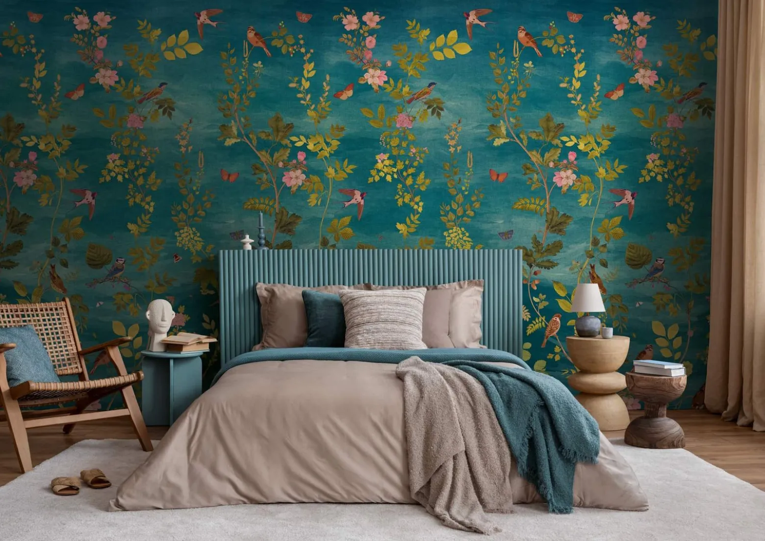 Fototapete Floral Vögel Blätter Blau Grün Rosa 79216-3