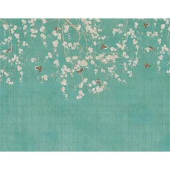 Fototapete Floral Vögel Textiloptik Blau Creme 39921-1