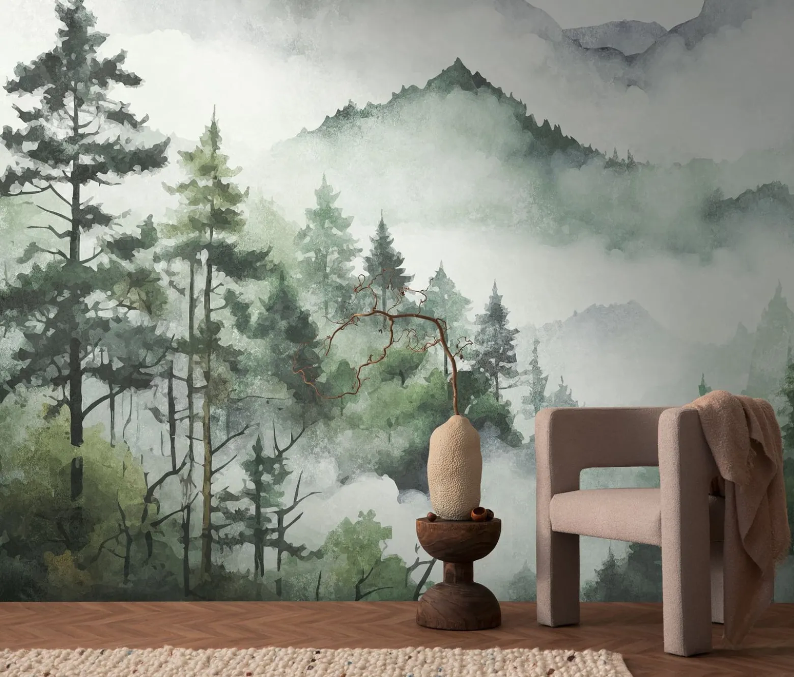 Fototapete Landschaft Aquarell Weiß Grün 39899-1