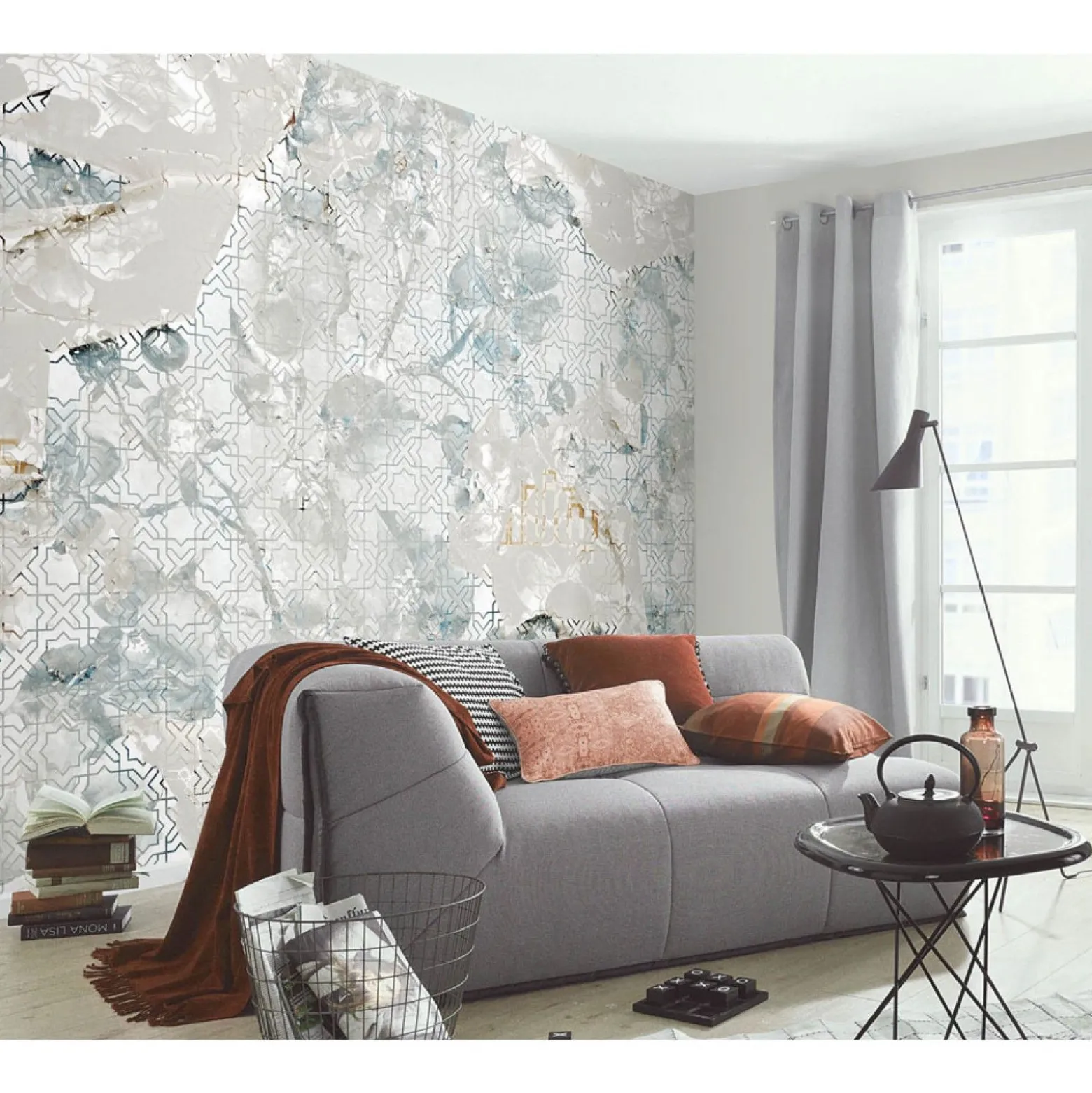 Fototapete Mosaik Fliesen Floral Grau Blau 2250-10