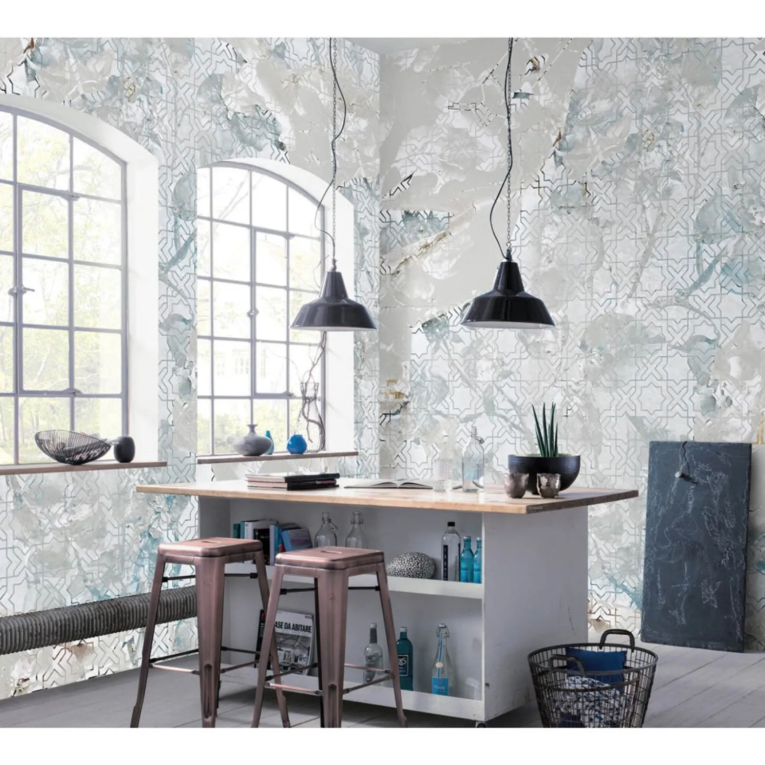 Fototapete Mosaik Fliesen Floral Grau Blau 2250-10