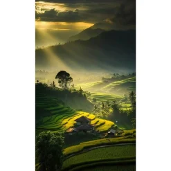 Fototapete Natur Reisfeld Haus Asien Grün 2530N-81