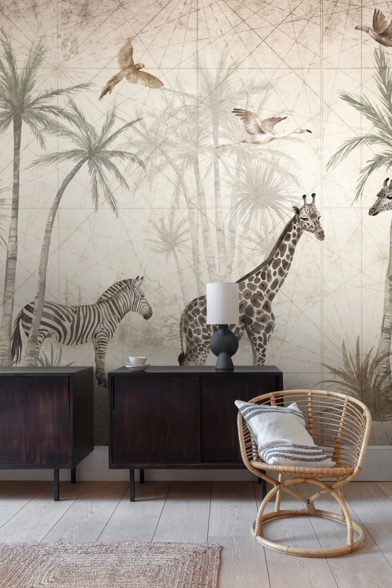 Fototapete Tiere Palmen Grafik Beige Grau Creme ML1501