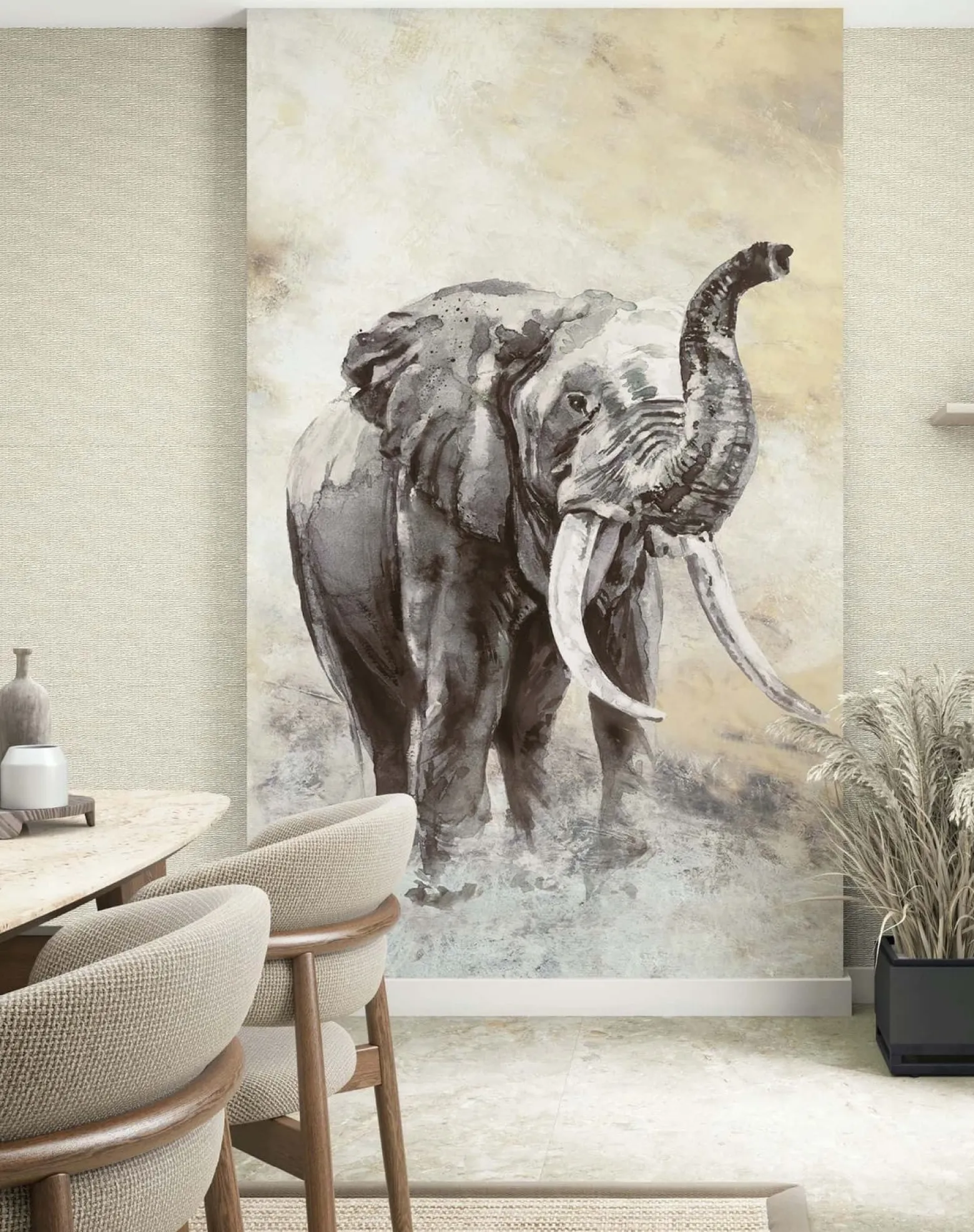 Fototapete Tiermotiv Elefant Nebel Beige Anthrazit 33099