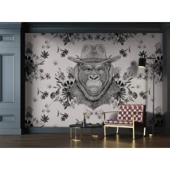 Fototapete Vlies Affe Hut Blumen grau schwarz Premium