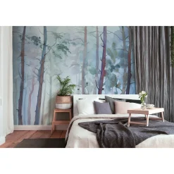 Fototapete Vlies Aquarell Wald Kunst blau grau braun