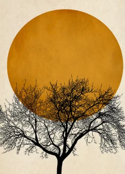 Fototapete Vlies Baum Natur Mond orange schwarz