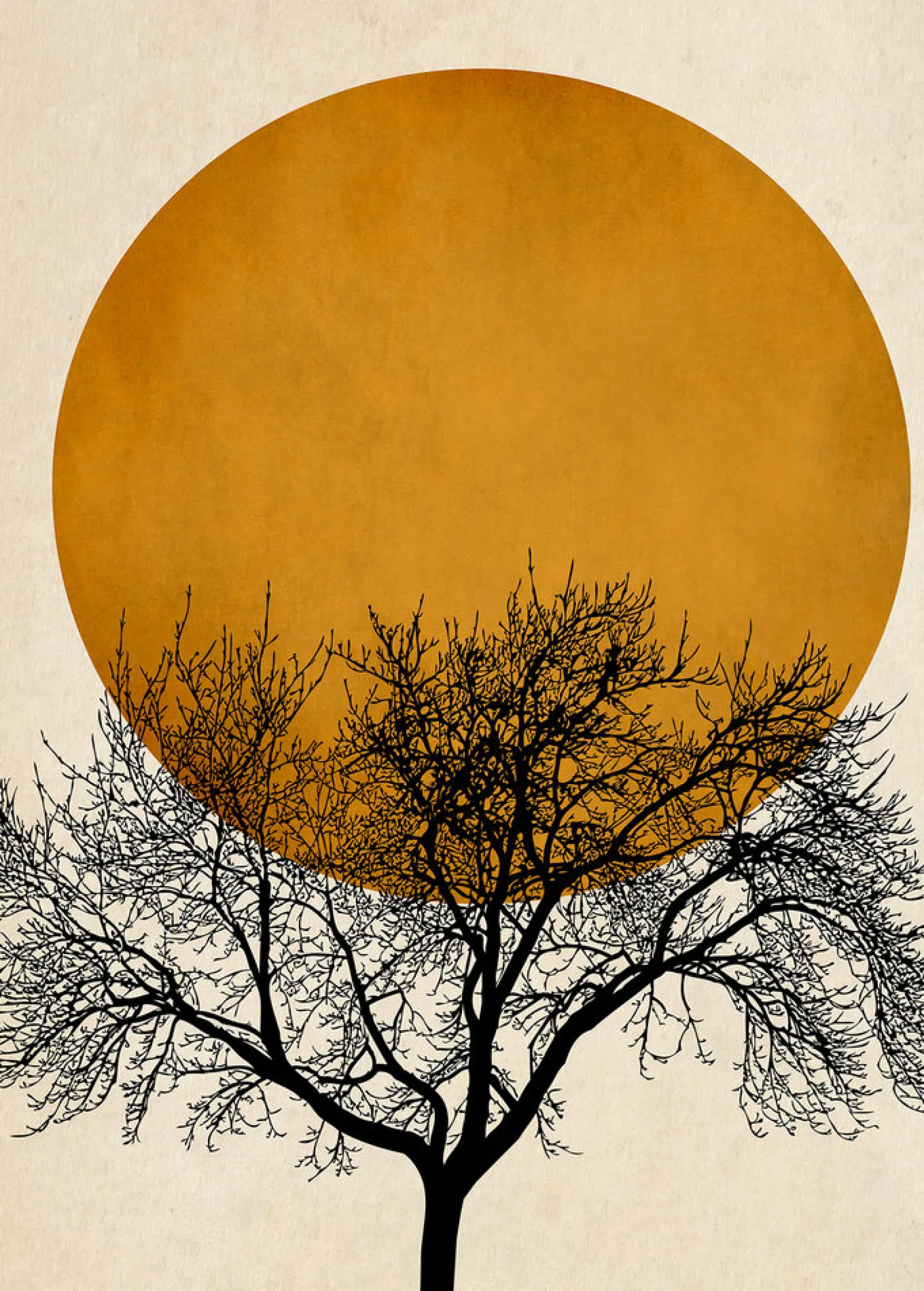 Fototapete Vlies Baum Natur Mond orange schwarz
