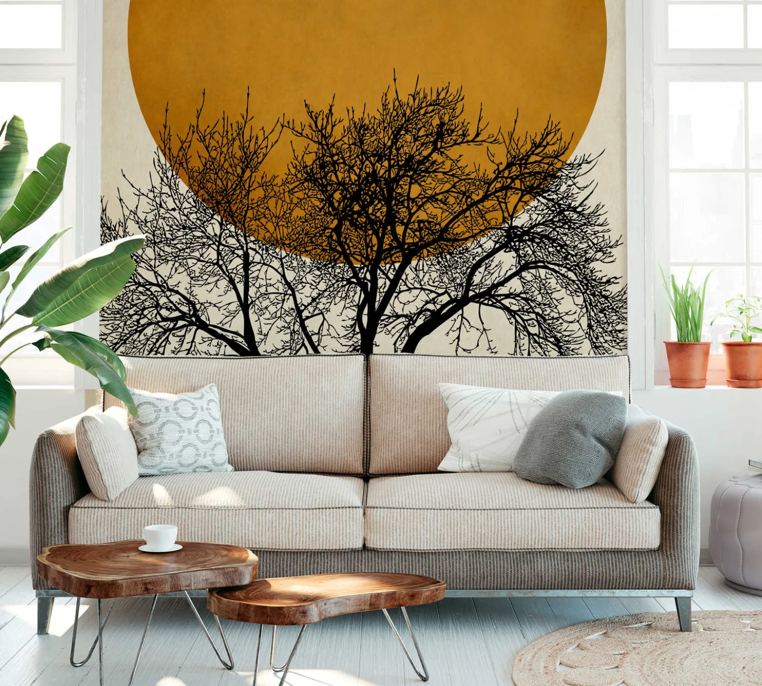 Fototapete Vlies Baum Natur Mond orange schwarz