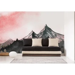 Fototapete Vlies Berge Gemalt Landschaft grau rot weiß