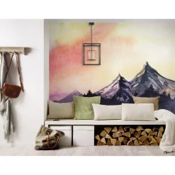 Fototapete Vlies Berge Gemalt Landschaft grau rot gelb