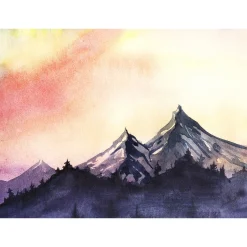 Fototapete Vlies Berge Gemalt Landschaft grau rot gelb