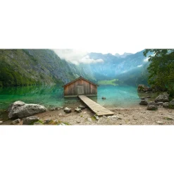 Fototapete Vlies Berge Hütte Steg See blau braun
