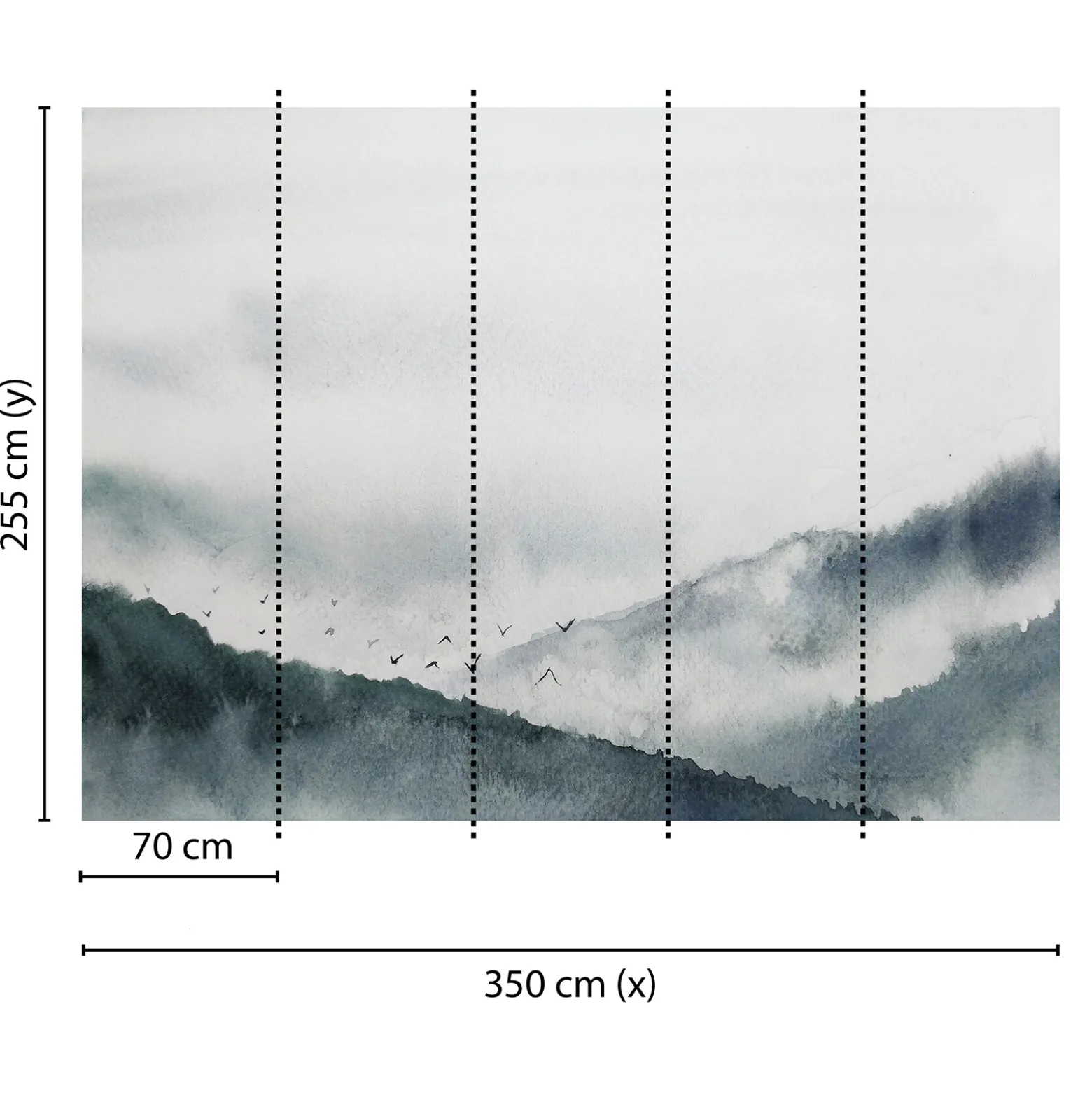 Fototapete Vlies Berge Nebel Vögel grau blau schwarz
