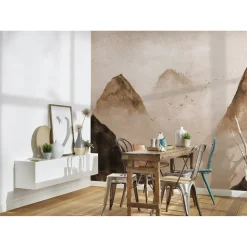 Fototapete Vlies Berge Vögel Nebel braun beige