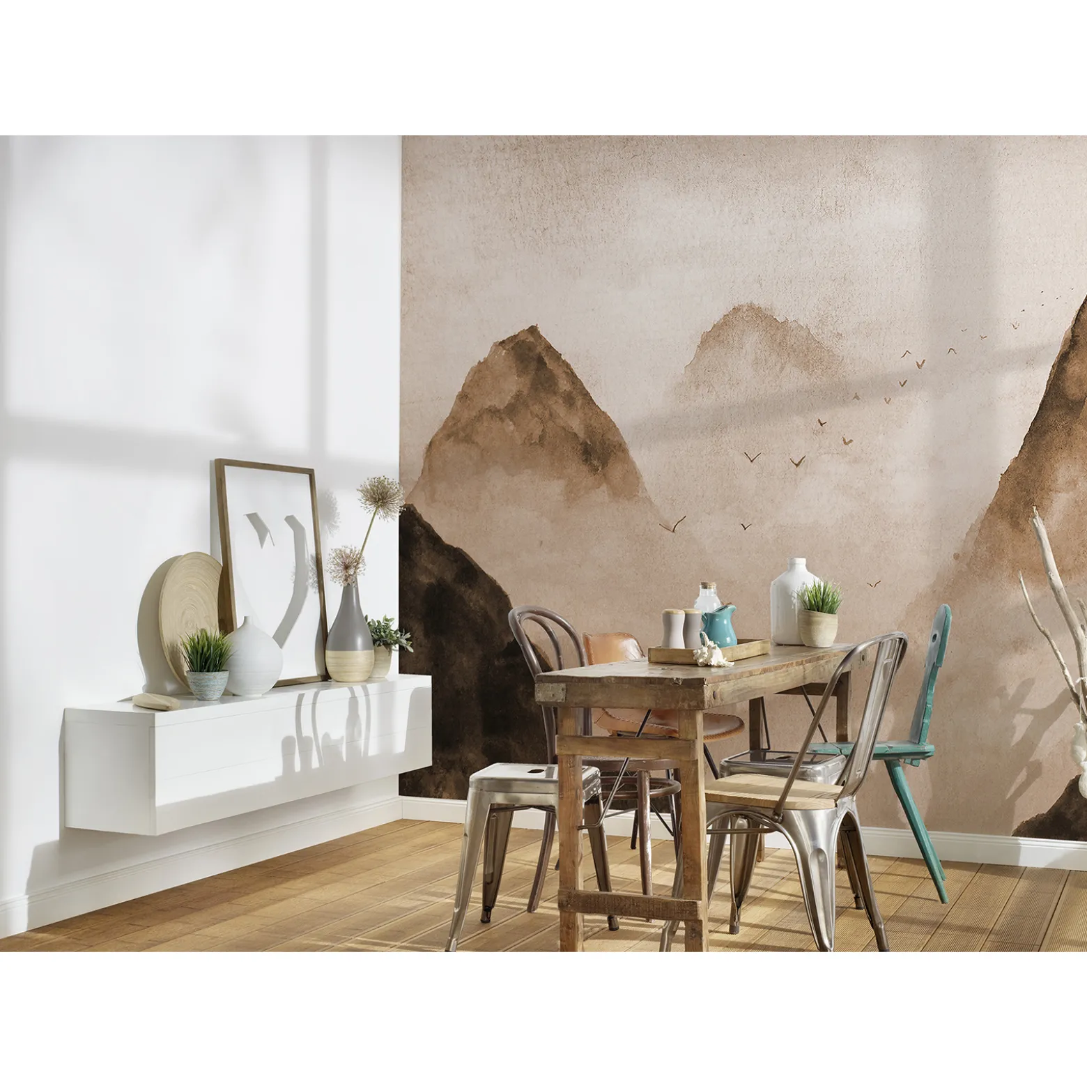 Fototapete Vlies Berge Vögel Nebel braun beige