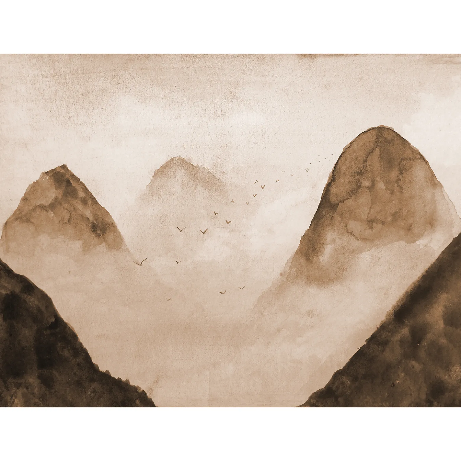 Fototapete Vlies Berge Vögel Nebel braun beige