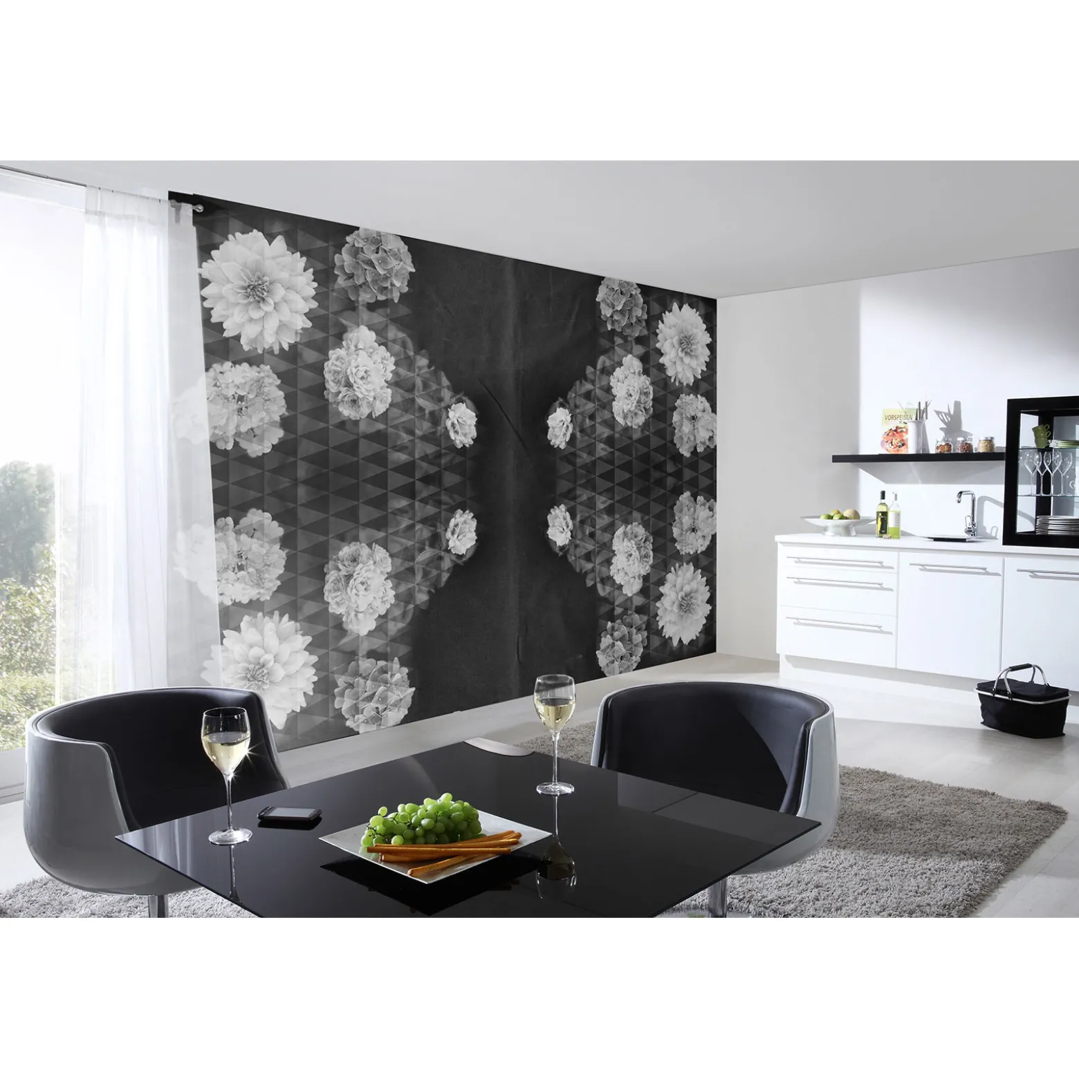 Fototapete Vlies Blüten Floral Dreiecke schwarz