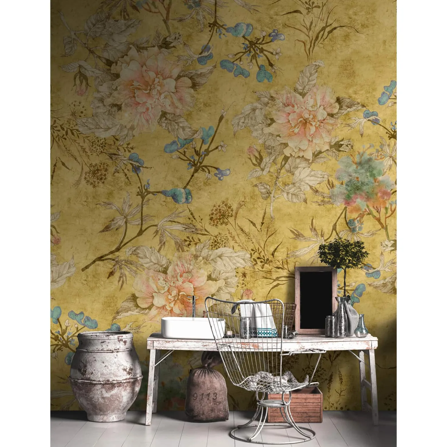 Fototapete Vlies Blüten Floral Vintage gelb Premium