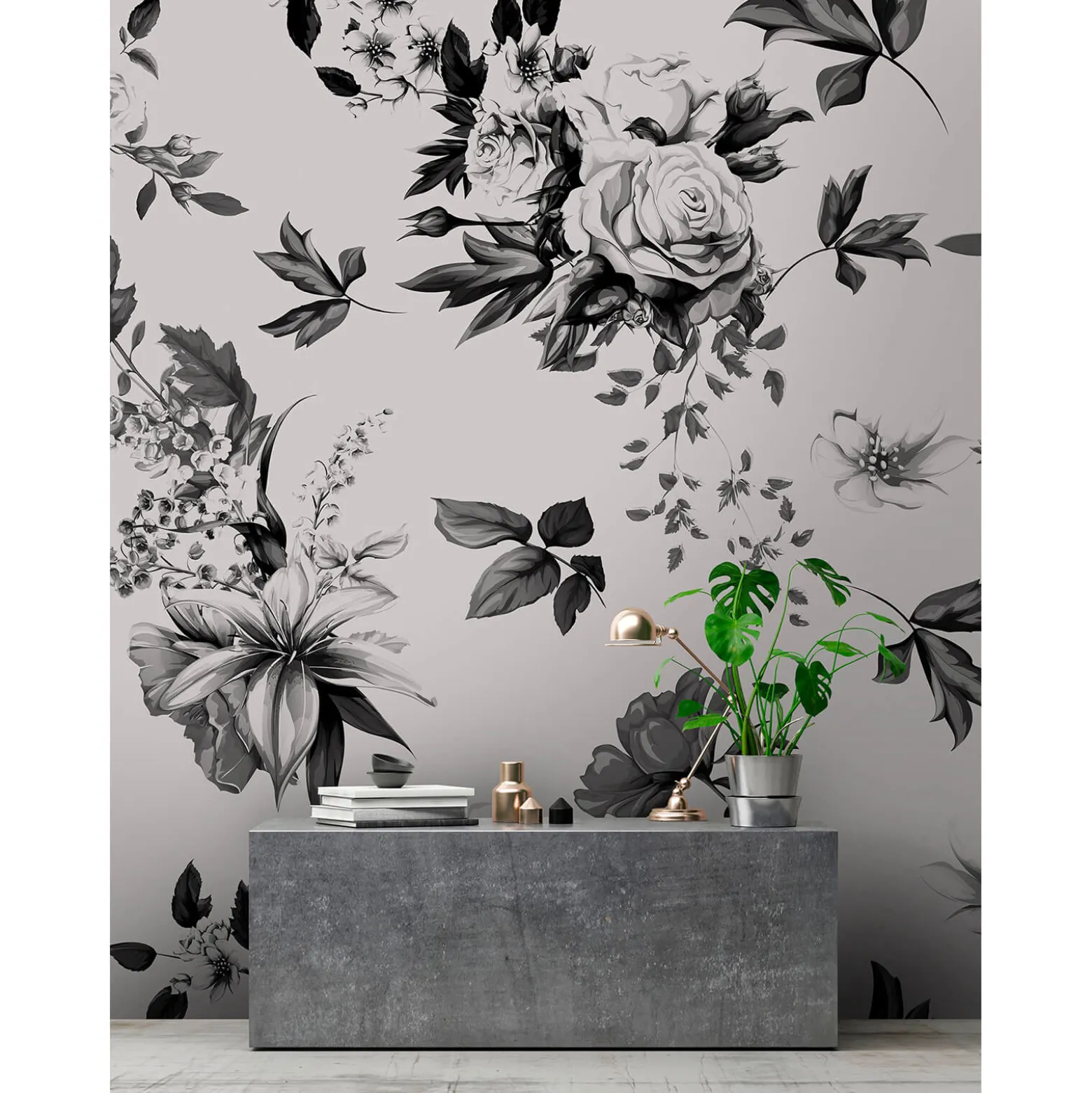 Fototapete Vlies Blüten Rosen grau schwarz Premium