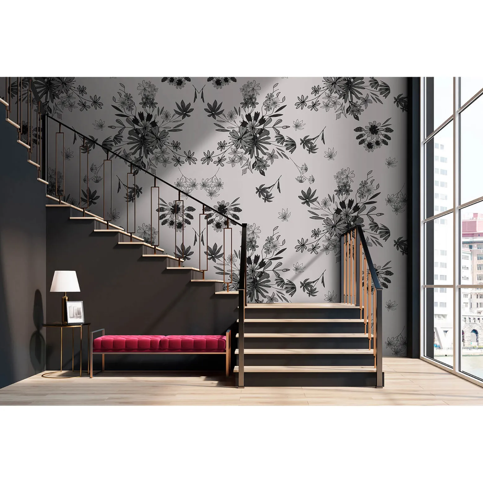 Fototapete Vlies Blätter Blumen grau schwarz Premium