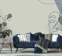 Fototapete Vlies Blätter gemalt beige blau grau