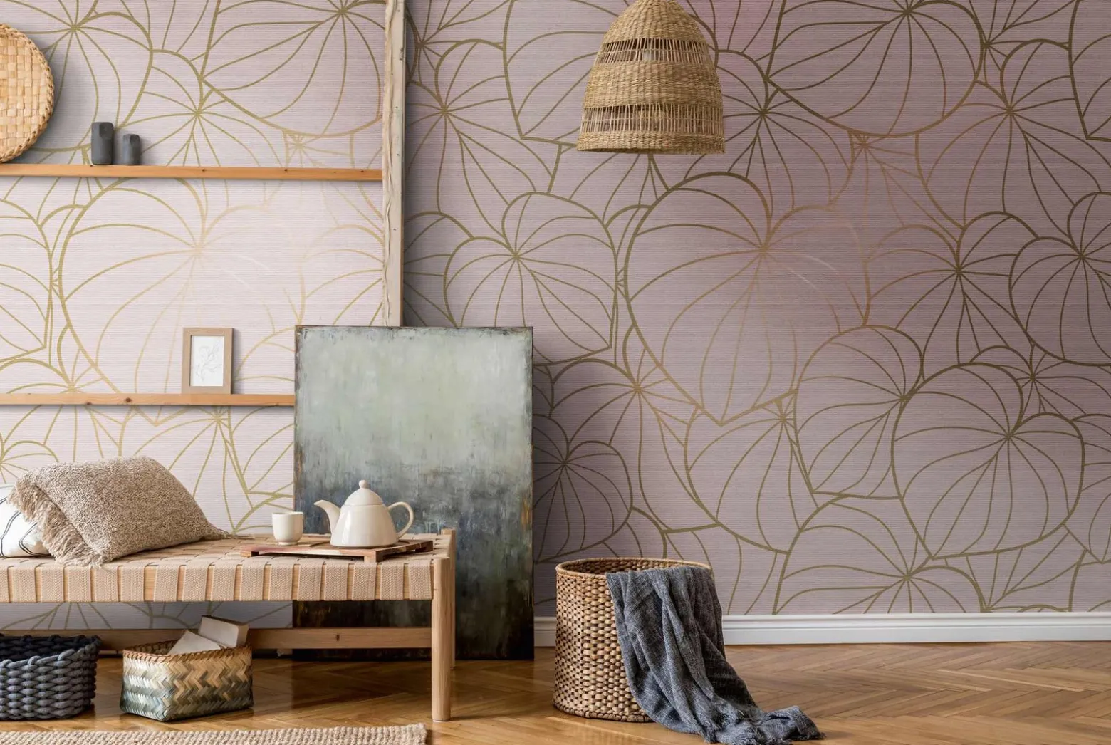 Fototapete Vlies Blätter Grafik Floral rosa gold 38280-1