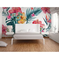 Fototapete Vlies Blumen Blätter Tropisch weiß pink gelb