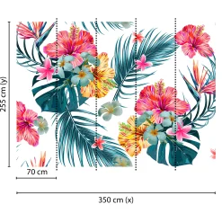 Fototapete Vlies Blumen Blätter Tropisch weiß pink gelb