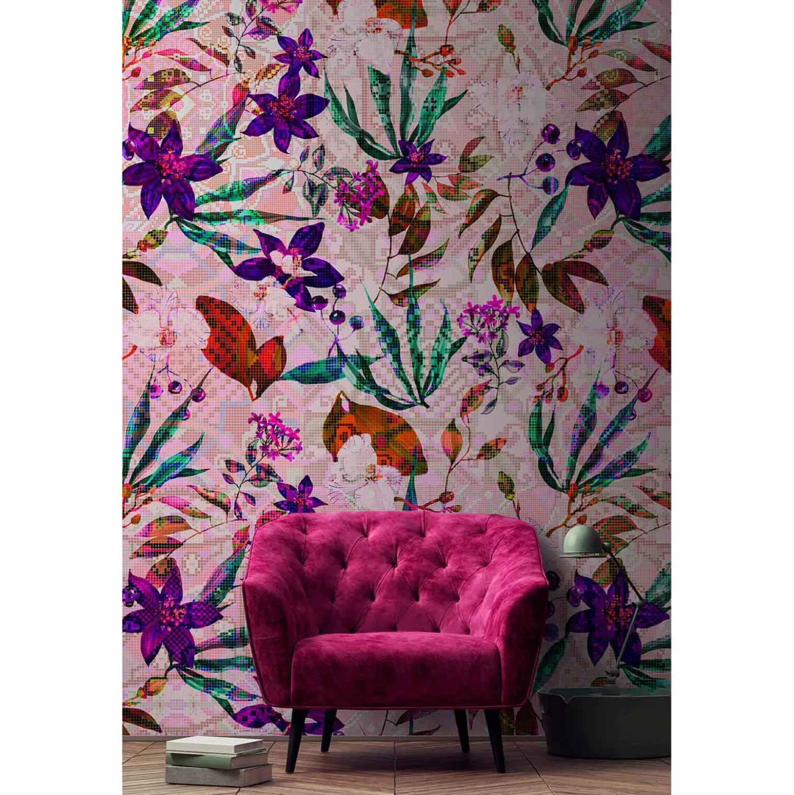 Fototapete Vlies Blumen Foral Mosaik Neon pink bunt